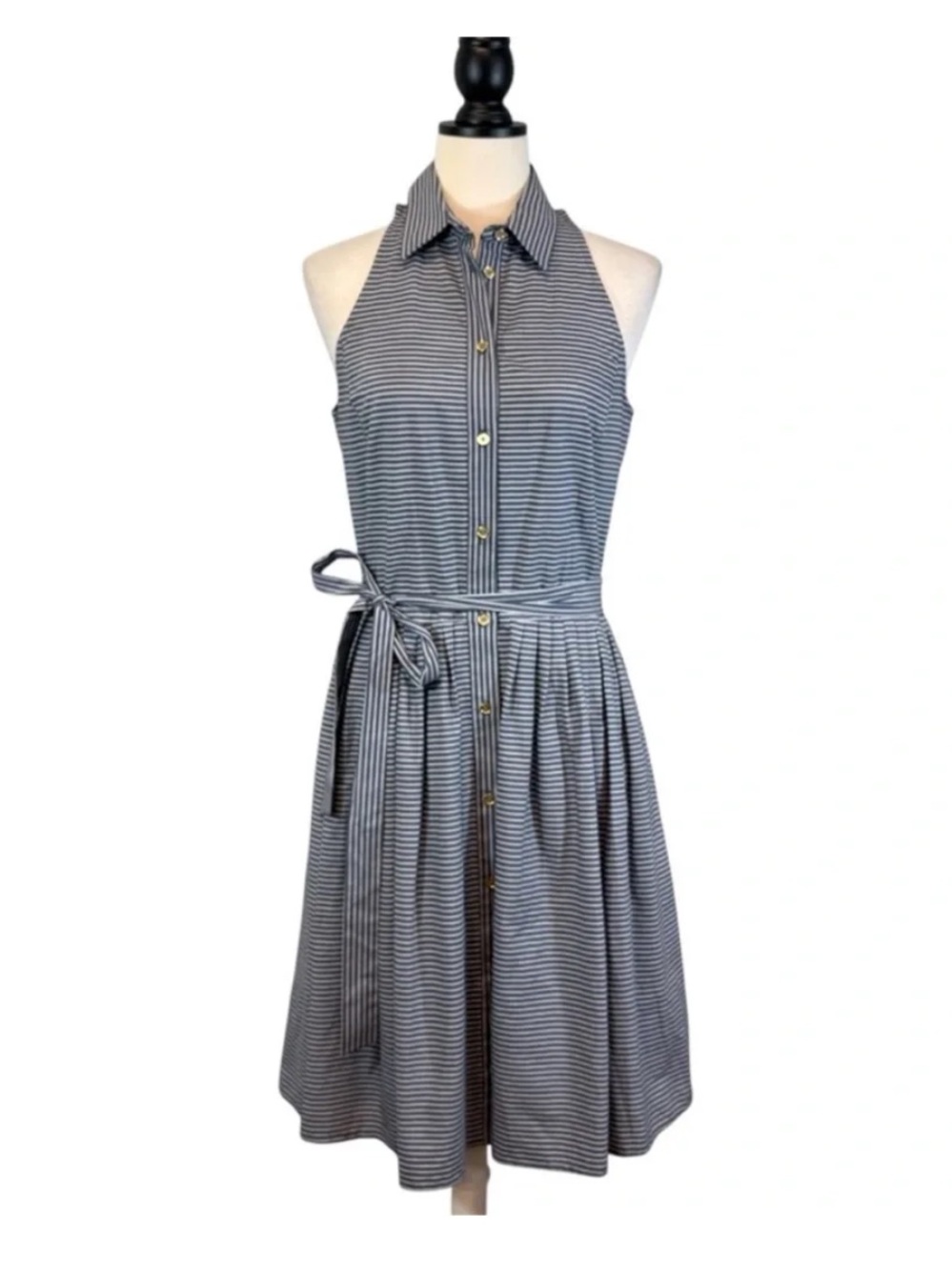 Michael Kors 💙🤍Sleeveless Shirt Dress Chambray Stripe Button Front Tie Waist - 6